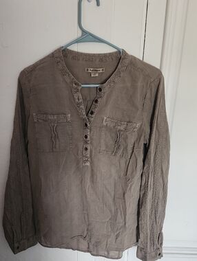 Ruff Hewn Taupe Embroidered Henley Blouse